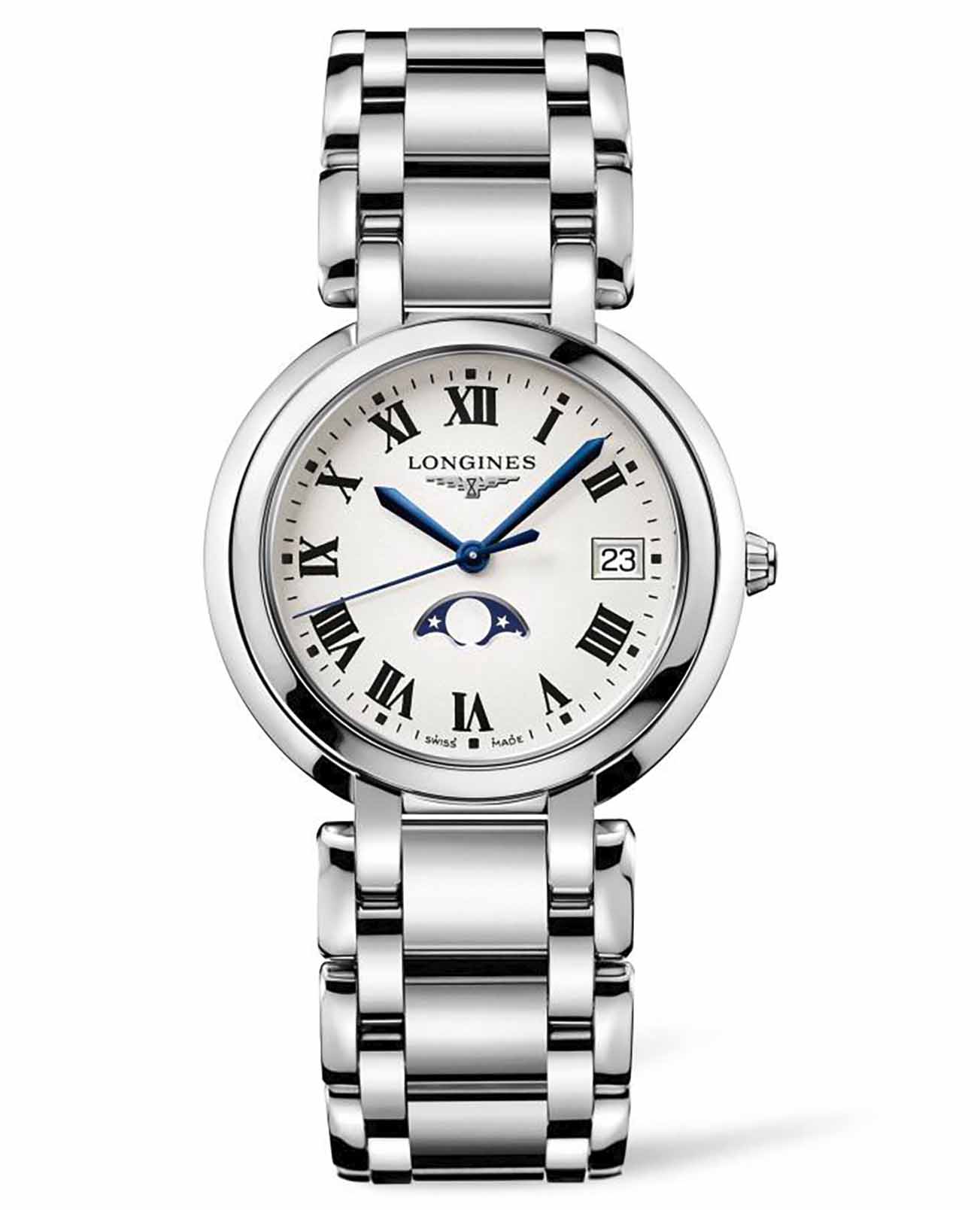 Longines Longines PrimaLuna L8.116.4.71.6  L81164716 кварцевые женские часы серебристый циферблат, браслет нержавеющая сталь — вид спереди